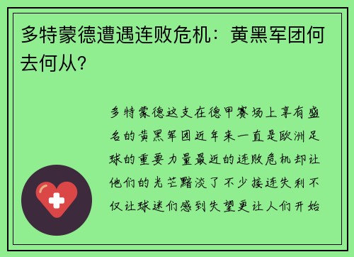多特蒙德遭遇连败危机：黄黑军团何去何从？