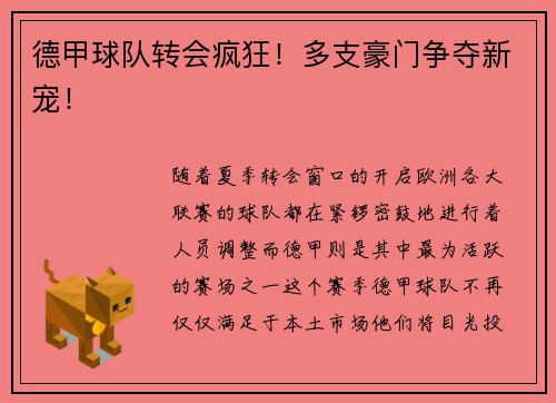 德甲球队转会疯狂！多支豪门争夺新宠！
