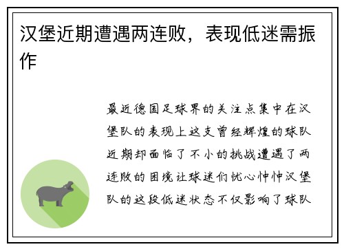 汉堡近期遭遇两连败，表现低迷需振作